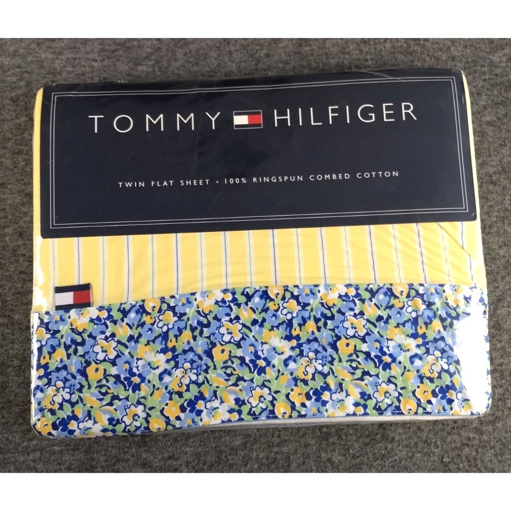 Tommy Hilfiger Twin Flat Sheet Cotton Elizabeth Anne Floral Yellow Stripe‎ NEW